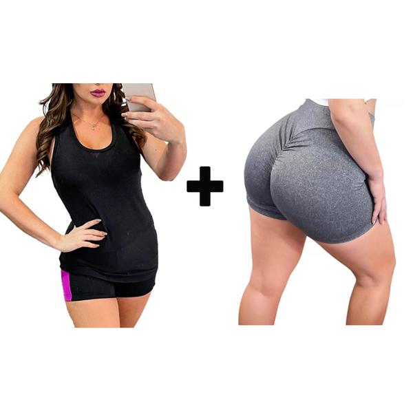 Imagem de Kit Regata + Shorts Empina Bumbum Franzido Fitness Academia