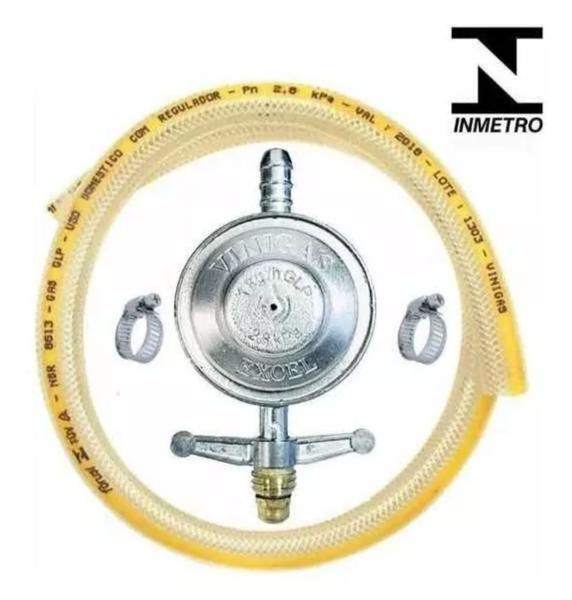 Kit Registro Regulador de Gás 1 kg com Mangueira e 2 Abraçadeiras para Fogão - VINIGAS Imagem de Kit Registro Regulador de Gás 1 kg com Mangueira e 2 Abraçadeiras para Fogão