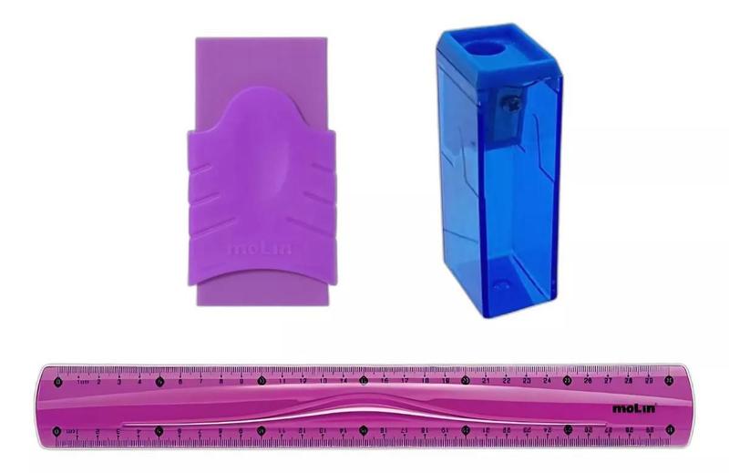 Imagem de Kit Régua + Apontador + Borracha Roxo Molin Neon Escolar