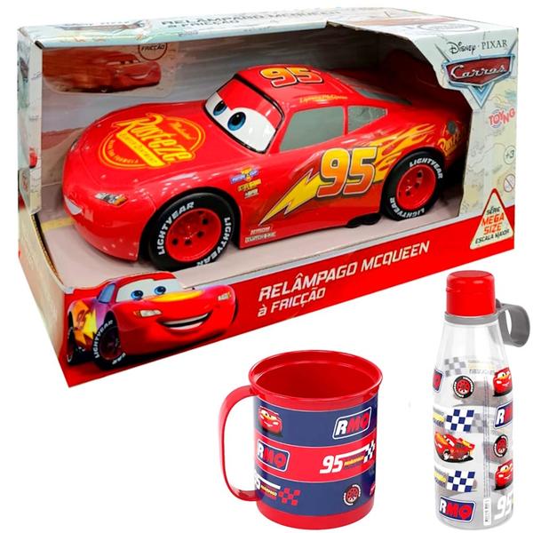 Imagem de Kit Relâmpago Mcqueen Carrinho 28cm Garrafinha e Caneca