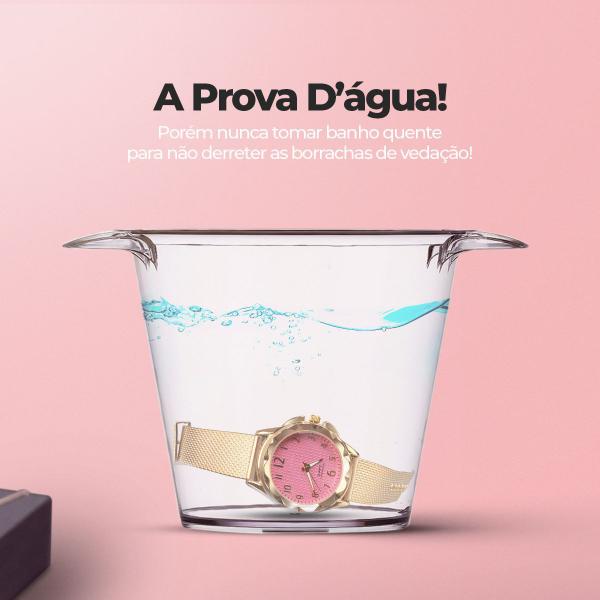 Imagem de KIT Relógio Analógico Feminino Dourado e Rosa Resistente Água Colar Banhado com Pingente e Brincos Pérola Caixa Exclusiva Premium 