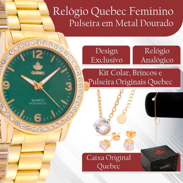 Imagem de Kit Relógio Analógico Feminino Minimalista com Colar e Brinco Dourado e Verde