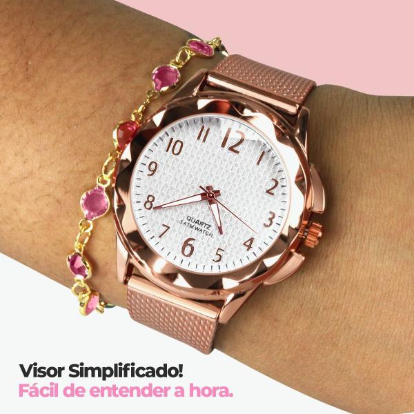 Imagem de KIT Relógio Analógico Feminino Rosé Resistente Água Colar Pulseira Brincos Dourado Banhado Pedrinhas Strass Rosa Caixa Premium Exclusiva 