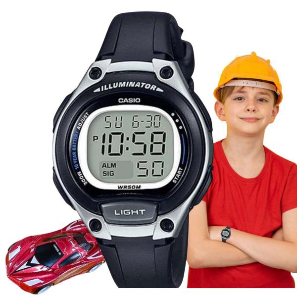 Imagem de Kit Relógio Casio Infantil Masculino Meninos Digital Resistente Agua 50 Metros Redondo Pequeno Alarme Preto LW-203-1AVDF + Carro Miniatura