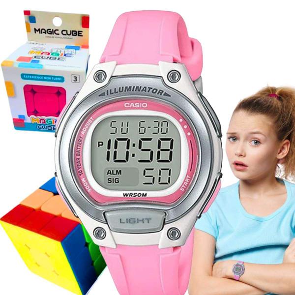 Imagem de Kit Relógio Casio Infantil Masculino Meninos Digital Resistente Agua 50 Metros Redondo Pequeno Alarme Preto LW-203 + Cubo Magico