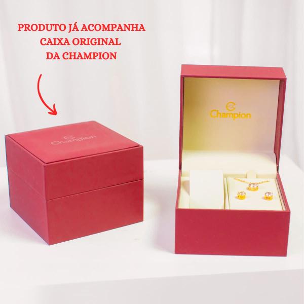 Imagem de Kit relógio Champion Feminino Dourado Original garantia a prova d'agua colar e brincos