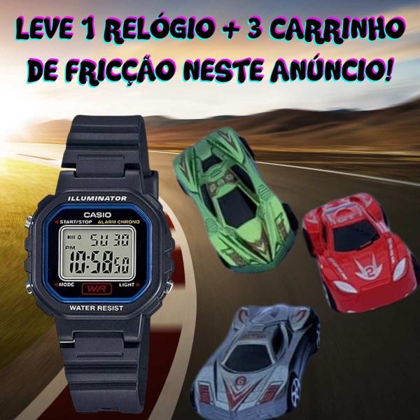 Imagem de Kit Relógio de Pulso Casio Infantil Masculino Resistente Água Calendário Alarme Digital LA-20WHS + 3 Carrinhos Miniatura