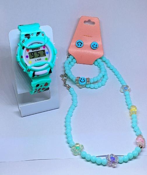 Imagem de Kit Relógio de Pulso Infantil Digital Esportivo para Meninas Colorido + Colar Pulseiras e Brincos Miçangas Flor Smile