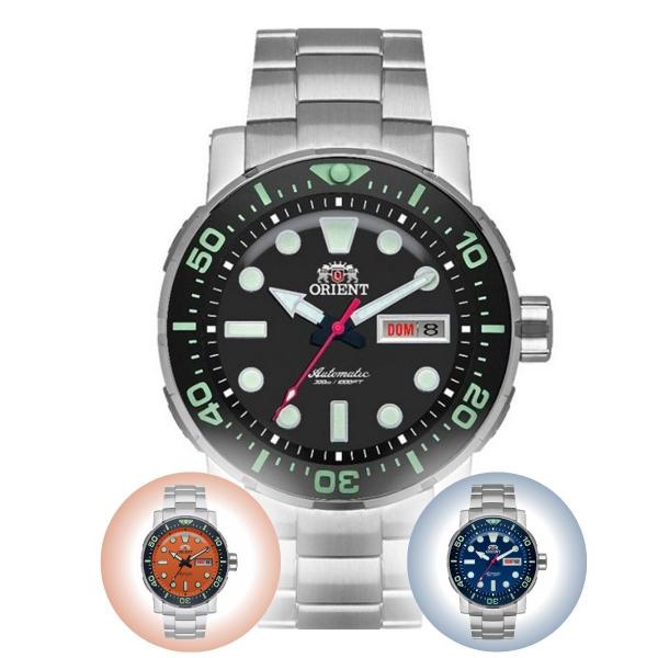 Imagem de Kit Relógio de Pulso Orient Masculino Mecânico Poseidon Prova D água 300M Toca de Pulseira Silicone Aço Inox Prata F49SS014