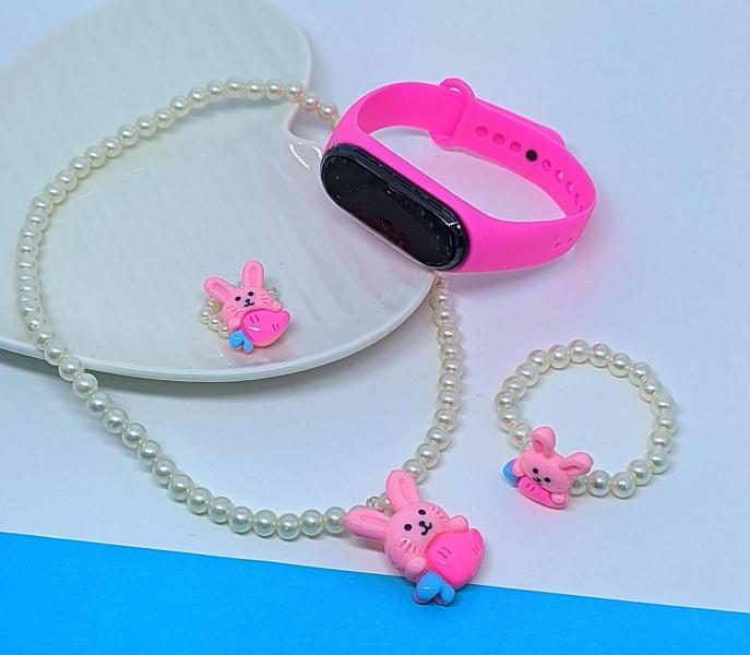 Imagem de Kit Relógio Digital Bracelete Prova água Silicone Menina + Conjunto Infantil Colar e Pulseira Anel Miçangas com Pingente