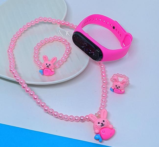 Imagem de Kit Relógio Digital Bracelete Prova água Silicone Menina + Conjunto Infantil Colar e Pulseira Anel Miçangas com Pingente