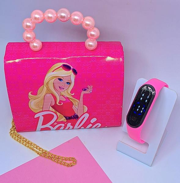 Imagem de Kit Relógio Digital Led Bracelete Silicone Prova água + Bolsa infantil Mini Bag Alça Mão Pérolas Disney Frozen Minnie