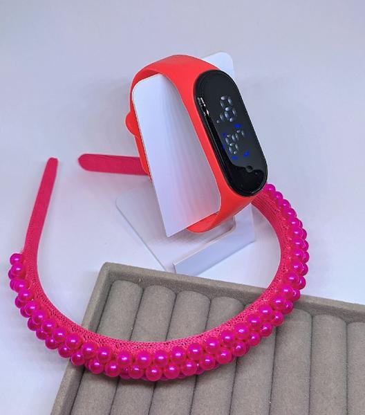 Imagem de Kit Relógio Digital Led Prova água Bracelete Adulto Infantil Feminino + Arco Tiara Arquinho Cabelo Pérolas Bordada