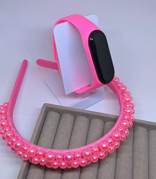 Imagem de Kit Relógio Digital Led Prova água Bracelete Adulto Infantil Feminino + Arco Tiara Arquinho Cabelo Pérolas Bordada