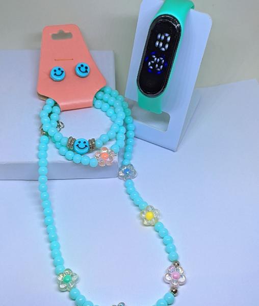 Imagem de Kit Relógio Digital Led Prova água Bracelete Infantil Feminino Menina + Conjunto Colar Pulseiras e Brincos Miçangas