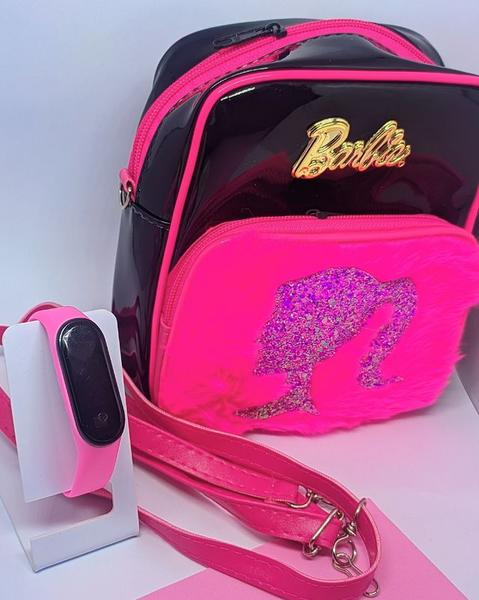 Imagem de Kit Relógio Digital Led Prova água Silicone + Mochila Bolsa Princesa disney Barbie Rosa Pink Menina Creche Escola Moda