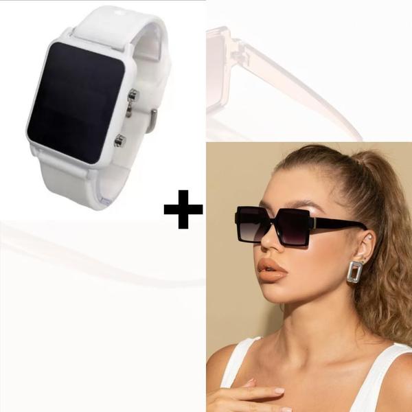 Imagem de Kit Relógio Digital Led Silicone ajustável Esporte + Óculos de Sol Feminino Armação Grande degradê Luxo Tendência Moda