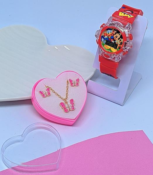 Imagem de Kit Relógio Digital Pisca Luz Led Toca Musica Princesa Disney Sofia Lol + Conjunto Colar  Brincos infantil Caixa Coração