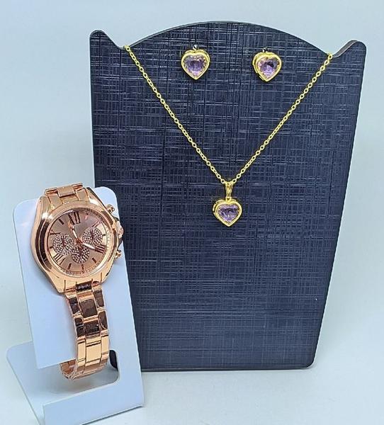 Imagem de Kit Relógio Feminino Analógico Aço Inox Qurtzo Romano Dourado Rose Gold Prata + Conjunto Colar e Brincos Folheado