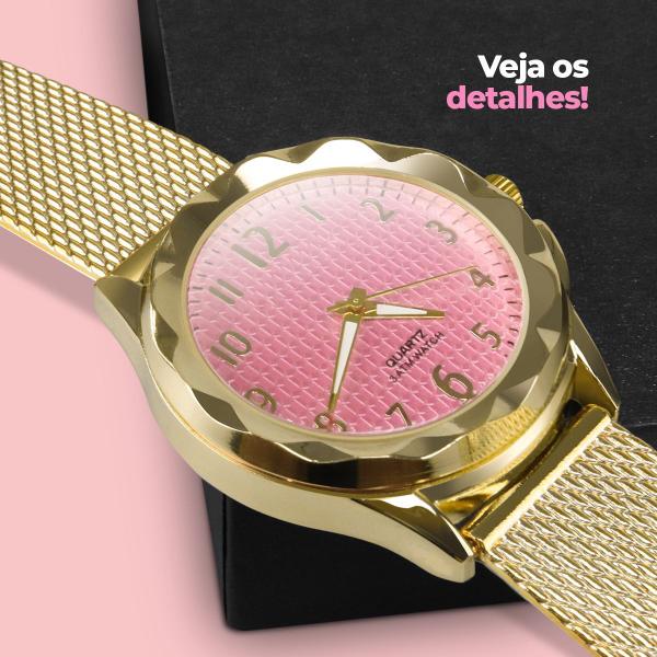 Imagem de KIT Relógio Feminino Analógico Dourado Fundo Rosa Resistente Água Corrente Pulseira e Par de Brincos Banhado com Design Coração