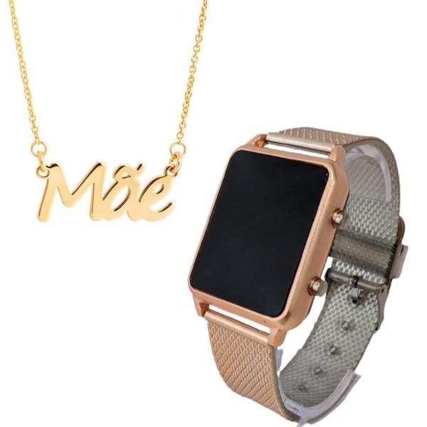 Imagem de Kit Relogio Feminino Digital Led Quadrado Watch + Colar com Pingente Manuscrito Mãe Folheado ouro 18k Presente