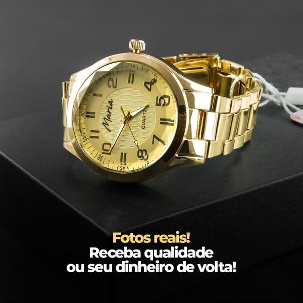 Imagem de kit relogio feminino dourado aço analógico moda presente