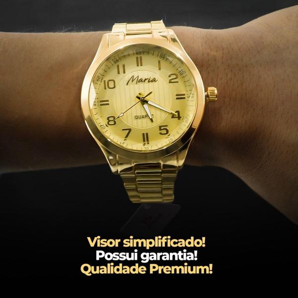 Imagem de kit relogio feminino dourado aço analógico nota fiscal