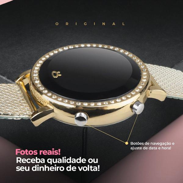 Imagem de Kit Relógio Feminino Dourado Led Pulso Redondo Original + Colar Banhado a Ouro 18k