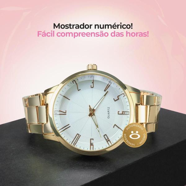 Imagem de Kit Relógio Feminino Dourado Premium Colar Esfera