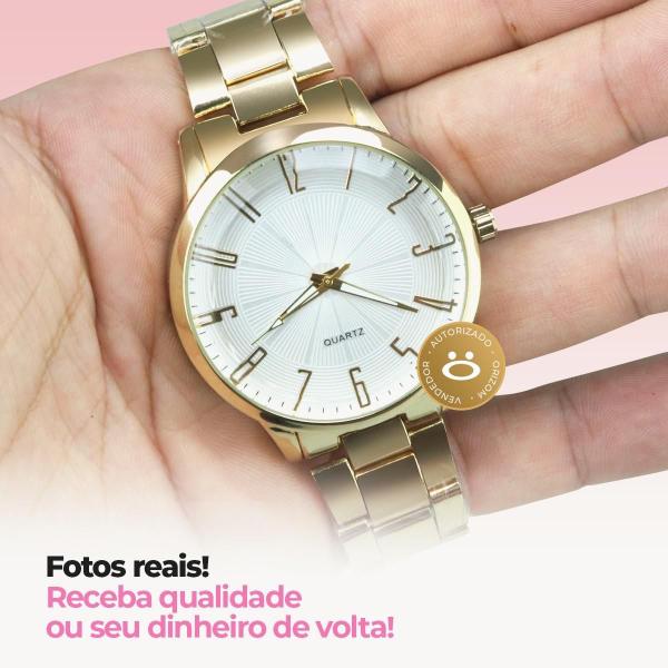 Imagem de Kit Relógio Feminino Dourado Premium Colar Esfera