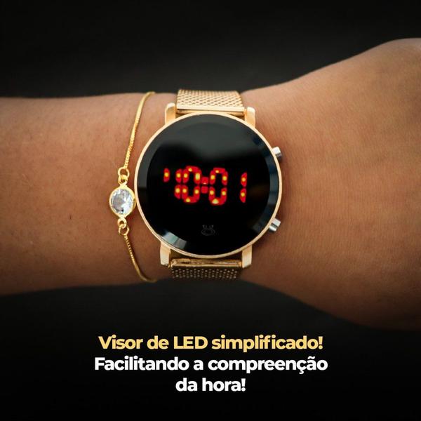 Imagem de kit relógio feminino dourado silicone digital led garantia