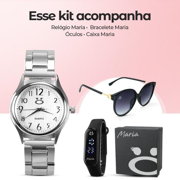 Imagem de Kit Relógio Feminino Prata + Bracelete Pulseira Prova D'água + Óculos Sol Miami