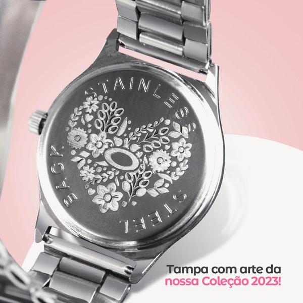 Imagem de Kit Relógio Feminino Prata + Bracelete Pulseira Prova D'água + Óculos Sol Miami