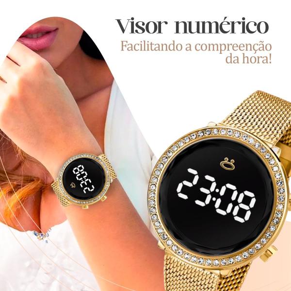 Imagem de Kit Relógio Feminino Strass Dourado + Colar + Brinco Rla55