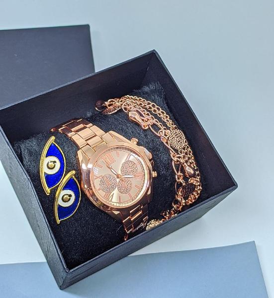 Imagem de Kit Relógio Feminino Todo Aço Inox Rose Gold Dourado Prata Quartz + Pulseira e Brincos + Caixa Tendência Moda