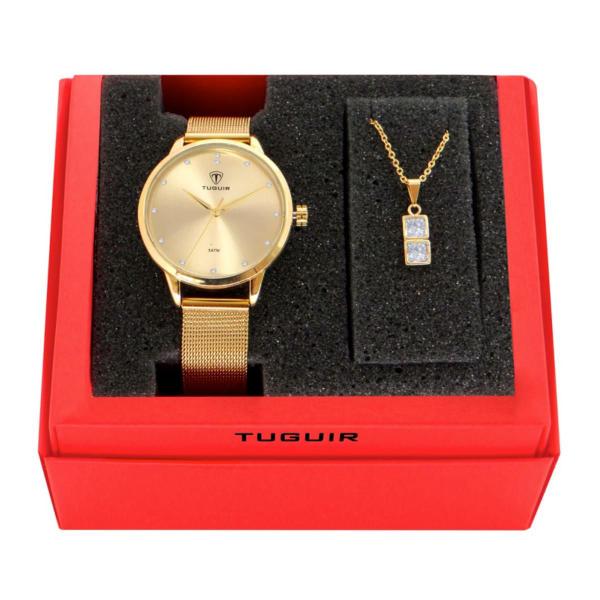 Imagem de Kit relógio feminino tuguir  dourado com semijoia banhada a ouro 18k tg35015