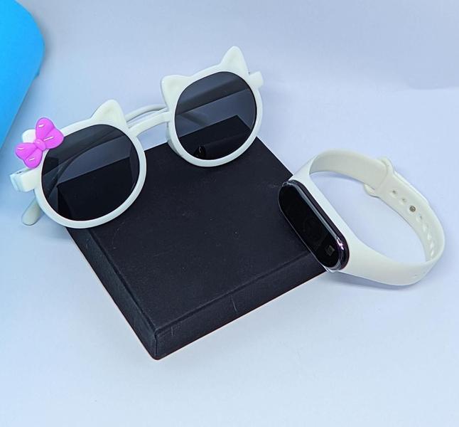 Imagem de Kit Relógio Infantil Bracelete Silicone Ajustável Prova água + Óculos de Sol Menina Gatinho Gato com Laço Flexível Moda