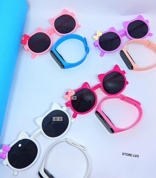 Imagem de Kit Relógio Infantil Bracelete Silicone Ajustável Prova água + Óculos de Sol Menina Gatinho Gato com Laço Flexível Moda