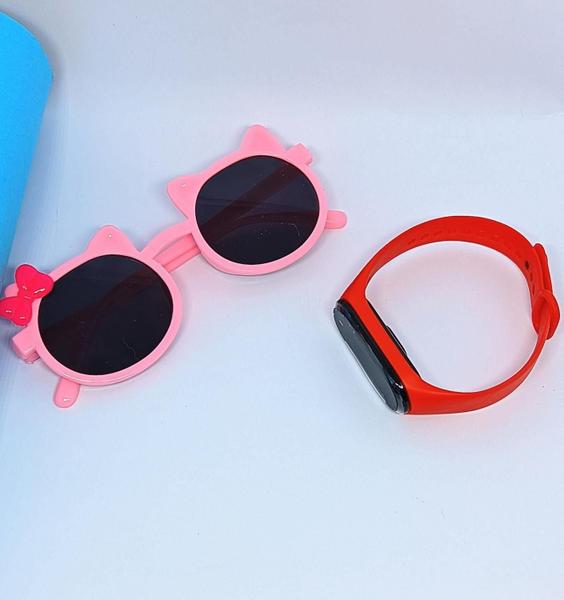 Imagem de Kit Relógio Infantil Bracelete Silicone Ajustável Prova água + Óculos de Sol Menina Gatinho Gato com Laço Flexível Moda