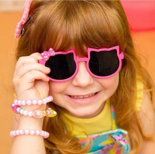 Imagem de Kit Relógio Infantil Bracelete Silicone Ajustável Prova água + Óculos de Sol Menina Gatinho Gato com Laço Flexível Moda