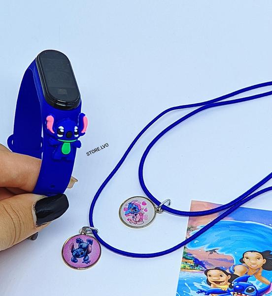 Imagem de Kit Relógio Infantil Digital Led Prova água 3D Disney Lilo e Stitch Rosa azul + Conjunto 2 Colares Best Friends Amizade