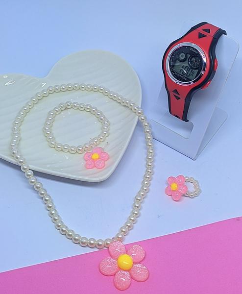 Imagem de Kit Relógio Infantil Digital Menina Cronometro Alarme Calendário Luz Led + Conjunto Colar e Pulseira Anel Miçangas Moda