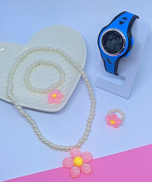 Imagem de Kit Relógio Infantil Digital Menina Cronometro Alarme Calendário Luz Led + Conjunto Colar e Pulseira Anel Miçangas Moda