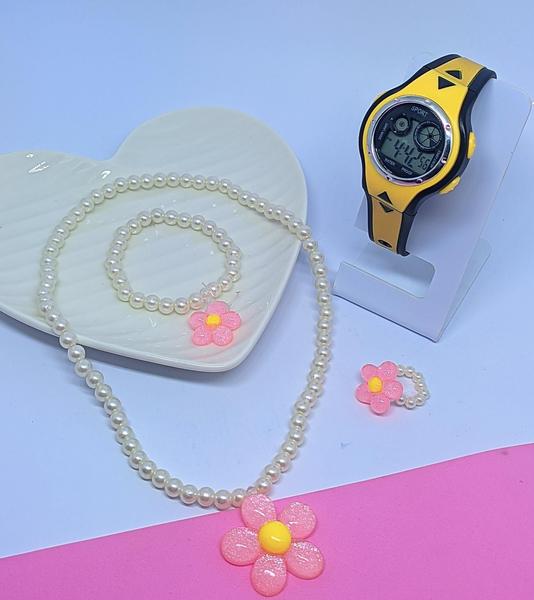 Imagem de Kit Relógio Infantil Digital Menina Cronometro Alarme Calendário Luz Led + Conjunto Colar e Pulseira Anel Miçangas Moda