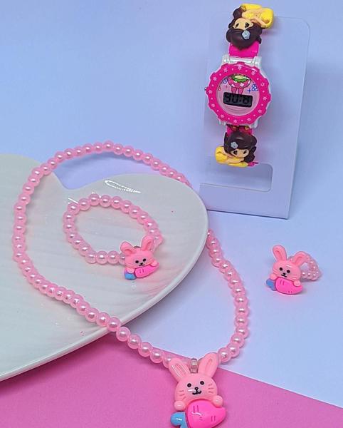 Imagem de Kit Relógio Infantil Digital Menina Desenho Animado Disney Sereia Unicórnio + Conjunto Colar e Pulseira Anel Miçangas