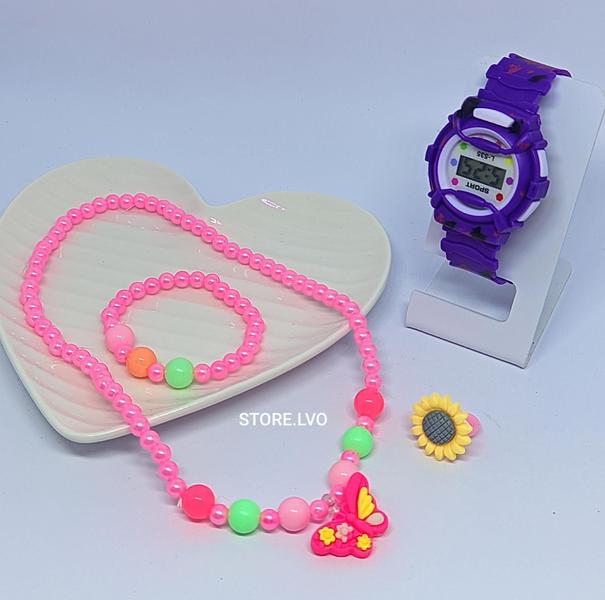 Imagem de Kit Relógio Infantil Digital Meninas Silicone + Conjunto Colar e Pulseira Anel miçangas Coração Flor Blogueirinha Moda