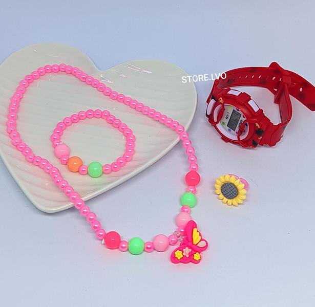 Imagem de Kit Relógio Infantil Digital Meninas Silicone + Conjunto Colar e Pulseira Anel miçangas Coração Flor Blogueirinha Moda