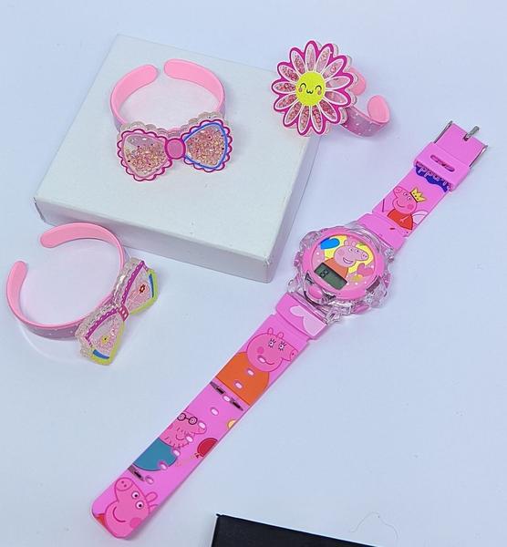 Imagem de Kit Relógio Infantil Digital Pisca Led Toca Musica Princesas Minnie Peppa + Bracelete 3D Desenho animado Tendência Moda