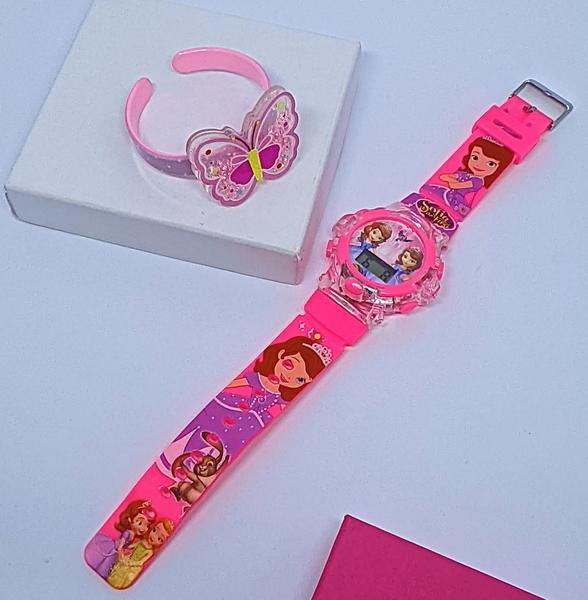 Imagem de Kit Relógio Infantil Digital Pisca Led Toca Musica Princesas Minnie Peppa + Bracelete 3D Desenho animado Tendência Moda