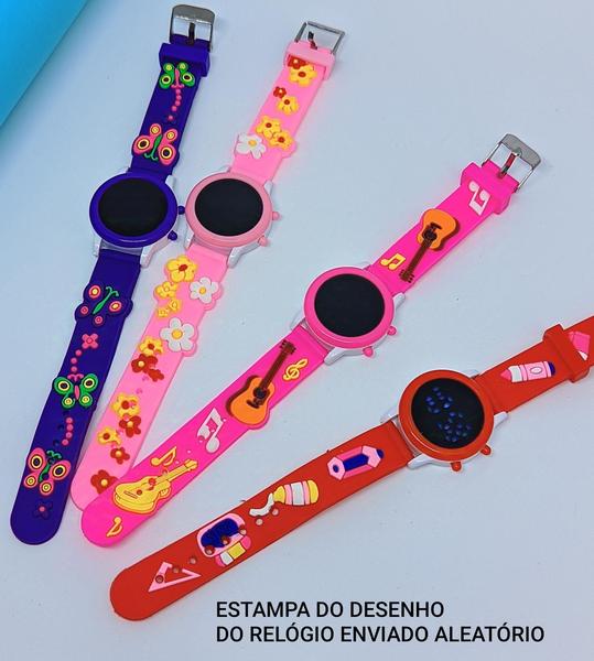 Imagem de Kit Relógio Infantil Digital Redondo Silicone Desenho Animado 3D + Colar Pulseira e Anel Miçangas Pérolas Branco Rosa